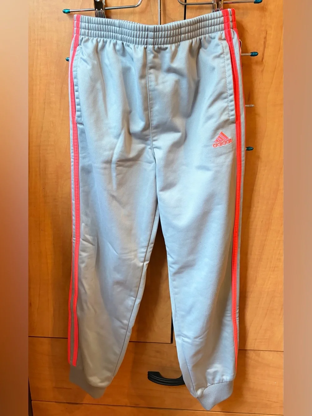 adidas Youth Light Gray Joggers with Coral Stripe - Picture 1 of 4